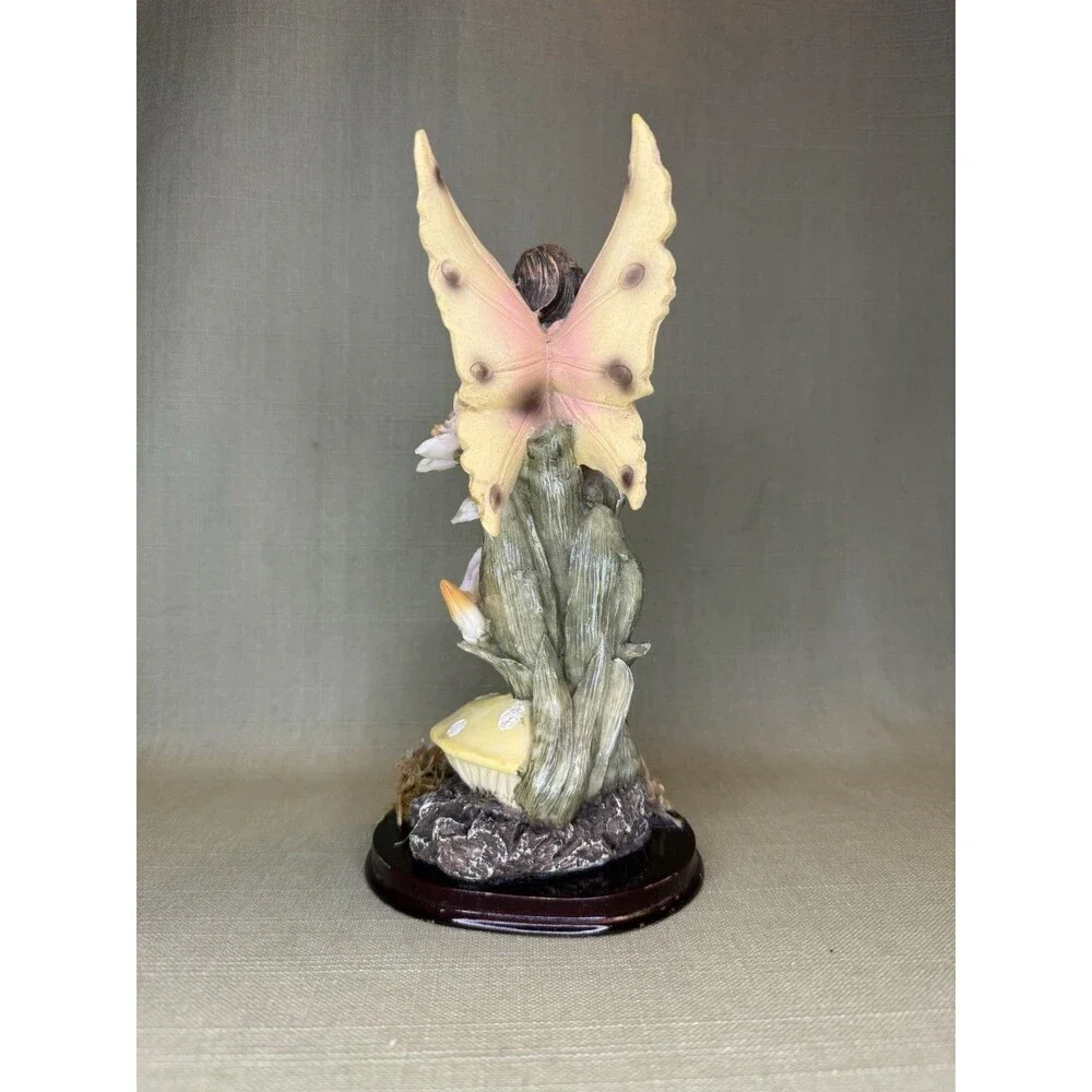 Woodland Fairy Figurine Pink Dress On Mushrooms Real (dead) Flowers